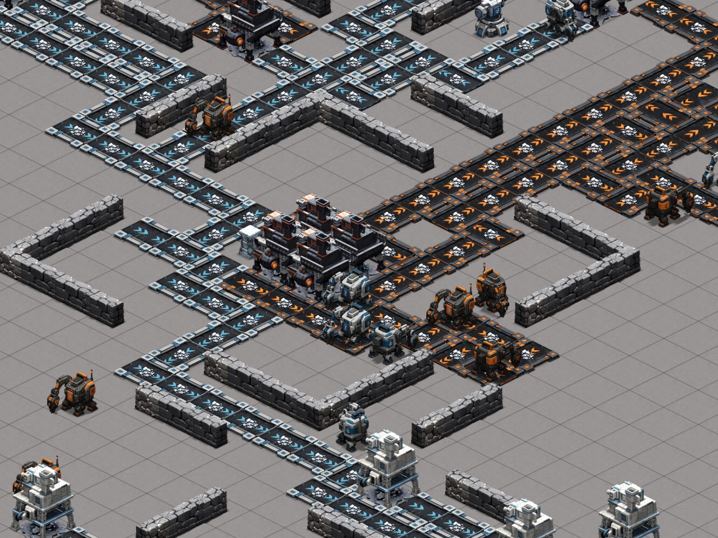 Both teams' bots and conveyor lines meeting in the middle of the map
